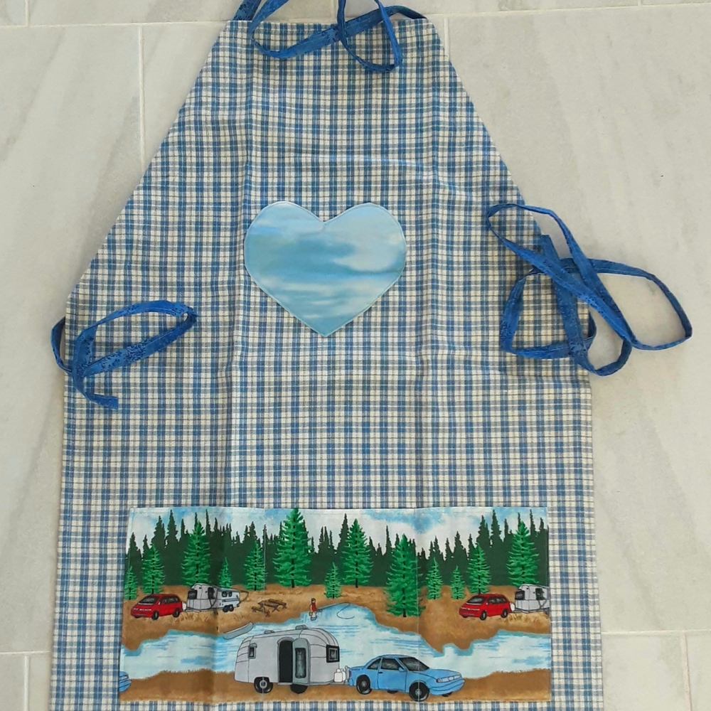 Blue Checkered Apron with Heart and Vintage Camping Design, NWOT